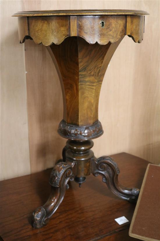 A Victorian burr walnut trumpet work table W.45cm
